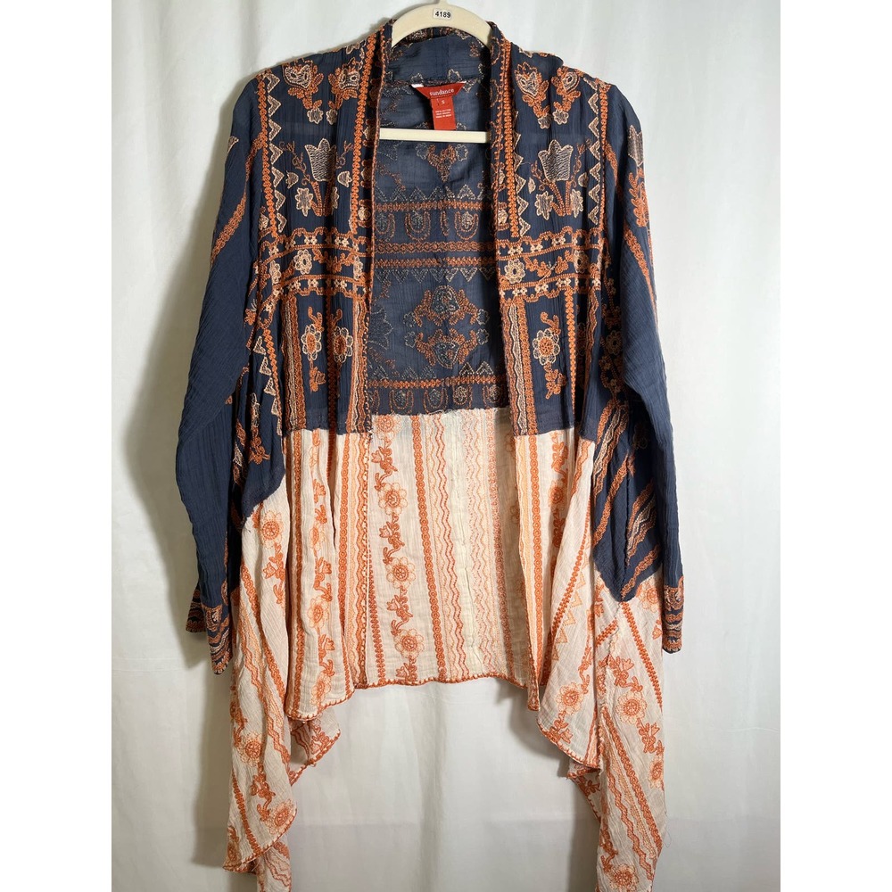 Sundance Blue Orange Embroidered Draped Open Cotton Cardigan Sz S